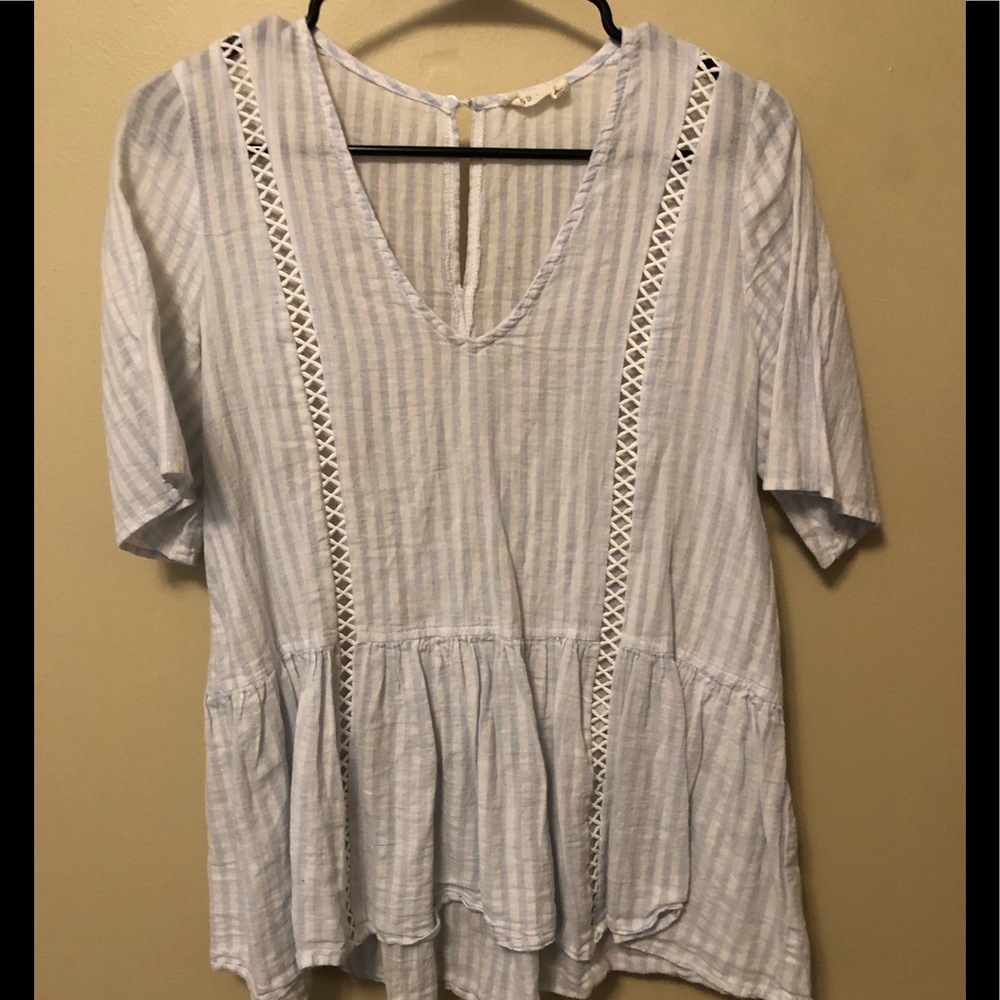 Blue and white stripe top with cross cross detail